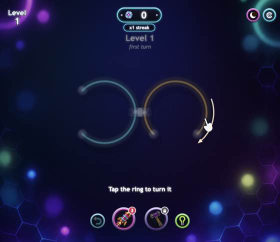 Actual Clockwork Rings gameplay: luminous ring puzzle