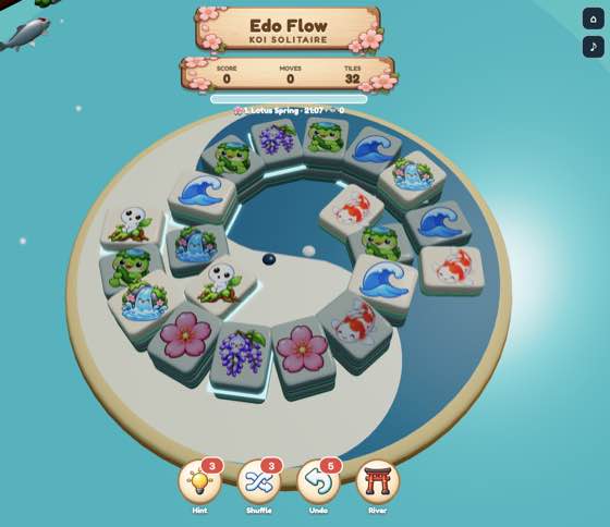 Actual Edo Flow: Koi Solitaire gameplay with koi, flower, wave, and animal tiles around a circular board