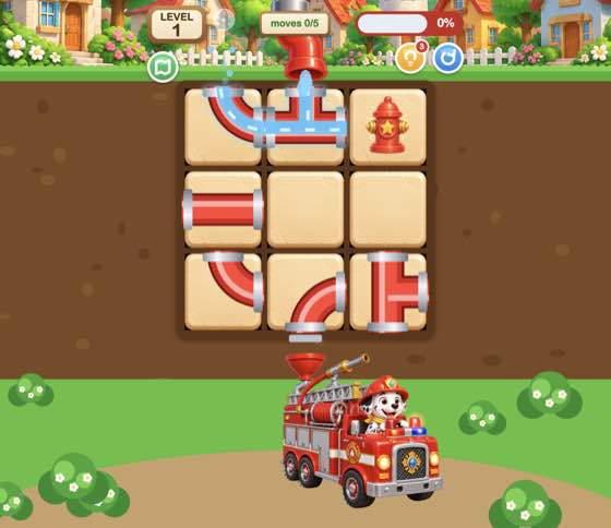 Actual Puppy Dig Splash gameplay: pipe-routing puzzle and puppy fire engine