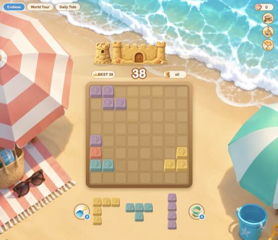 Actual Sandcastle Blast gameplay: a beachside block puzzle board