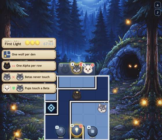 Actual Wolf Pack Territory gameplay: a forest logic grid with wolf placement rules